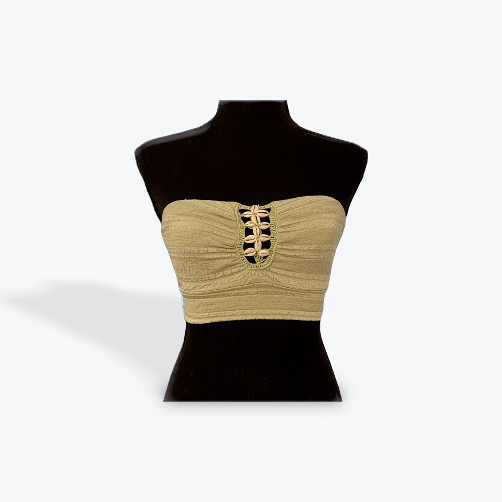 Boho Strapless Bandeau Top with Shell Detail Size XS Olive Green